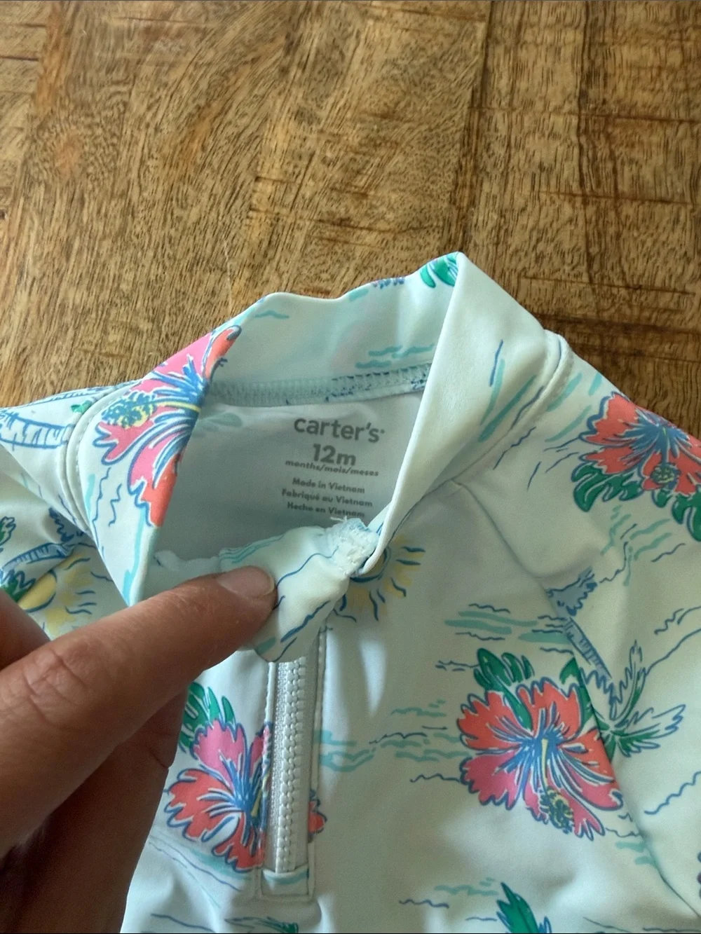 Tropical/Floral Long-Sleeve One-Piece Swimsuit with Old Navy Jeans Shorts